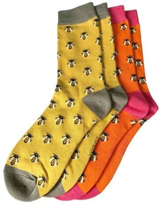 Bee Socks Ladies 2 Pair Pack Bumble Bees Orange Yellow Pink Bees Bamboo Cotton