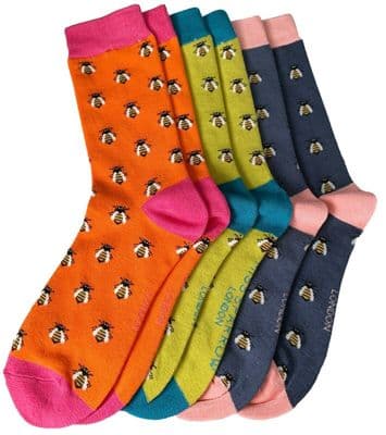 Bees Socks 3 Pair Pack Bumble Bee Pattern in Blue Lime and Orange