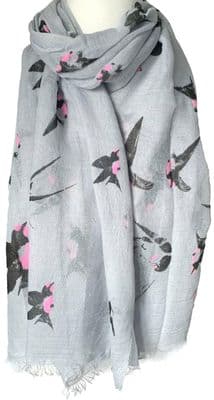 Bird Scarf in Grey Black and Pink Birds Pattern