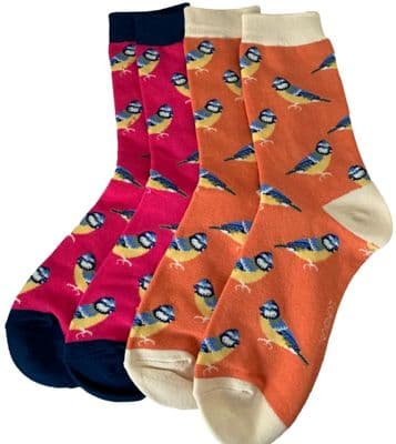 Bird Socks 2 Pair Pack Blue Tit Pattern in Hot Pink and Orange Women’s Size 3 to 7
