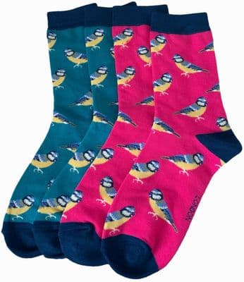 Bird Socks 2 Pair Pack of Blue Tit Patterned Socks in Teal and Hot Pink