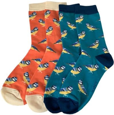 Bird Socks 2 Pair Pack with a Blue Tit Pattern in Teal and Orange