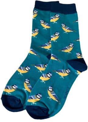Bird Socks Blue Tit Birds in Teal Bamboo Cotton Blend Women's Size 3 - 7