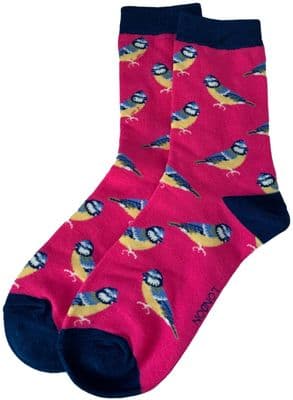 Bird Socks Blue Tit Birds Pattern in Hot Pink Bamboo and Cotton Blend Size 3 - 7