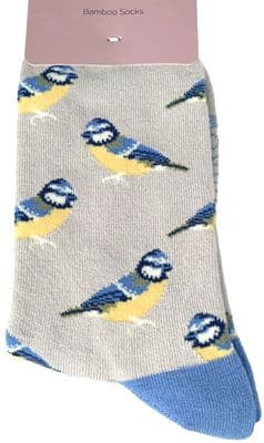Bird Socks Blue Tit Pattern in Grey Women's Size 3 - 7
