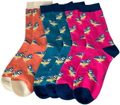 Bird Socks Blue Tits 3 Pair Pack Ladies Bamboo Cotton Birds Teal Orange Pink