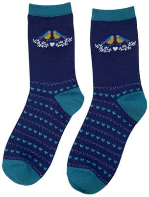 Bird Socks Blue Tits and Love Hearts Pattern Women's Size 3 - 7