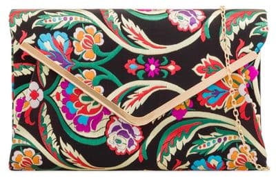 Black Satin Clutch Bag with Multicoloured Embroidered Style Floral Pattern