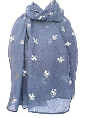Blue Bee Scarf Silver Bumble Bees Pattern