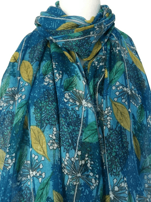 Blue Floral Scarf Turquoise and Yellow Allium Flowers Pattern
