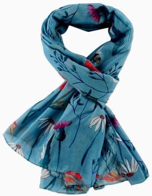 Blue Floral Scarf with a Bees Poppy Daisy and Thistle Flower Pattern