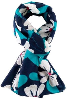 Blue Floral Scarf with a Navy Turquoise and White Flower Pattern