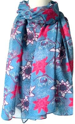 Blue Floral Scarf with a Pink Lotus Flower Pattern