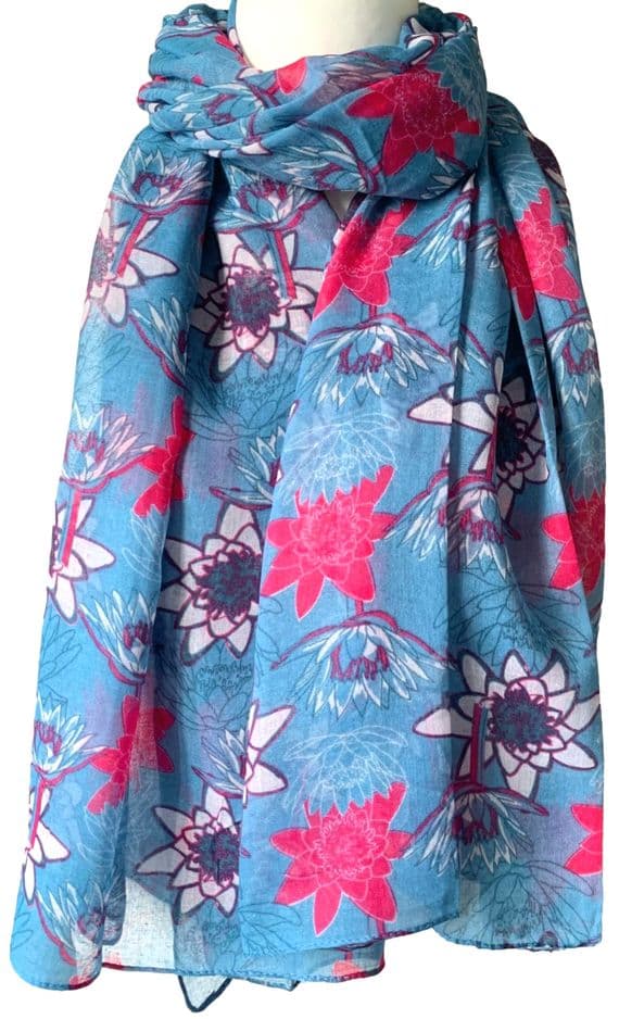 Blue Floral Scarf with a Pink Lotus Flower Pattern