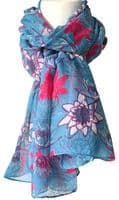 Blue Floral Scarf with a Pink Lotus Flower Pattern