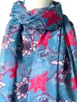 Blue Floral Scarf with a Pink Lotus Flower Pattern