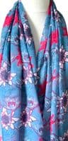 Blue Floral Scarf with a Pink Lotus Flower Pattern
