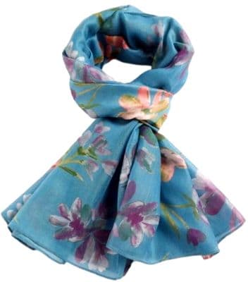 Blue Floral Scarf with Purple and Orange Flower Pattern