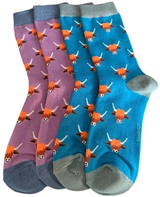 Blue Highland Cow Socks Women's 2 Pair Pack in Turquoise and Lilac Hairy Coo's Pattern