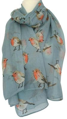Blue Robin Scarf Light Blue with Red Robins Pattern
