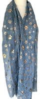 Blue Scarf with a Rose Gold Coloured Paw Print Pattern