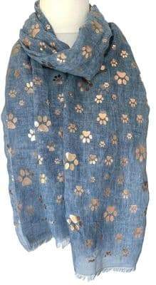Blue Scarf with a Rose Gold Coloured Paw Print Pattern