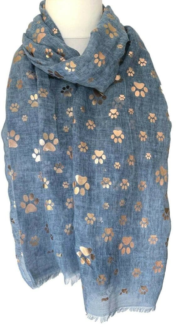 Blue Scarf with a Rose Gold Coloured Paw Print Pattern
