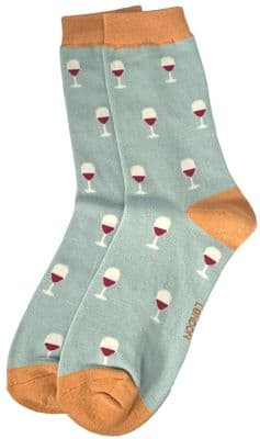 Blue Socks with a Red Wine Glass Pattern Bamboo and Cotton Blend