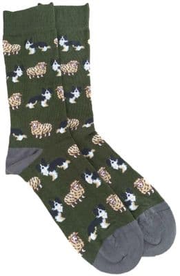 Border Collie Dog Socks in Green Black and White Sheep Dogs Pattern Mens Size 6 - 11