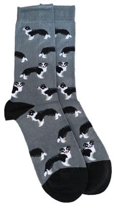 Border Collie Dog Socks in Grey Black and White Sheep Dogs Pattern Women's Size 4 - 7