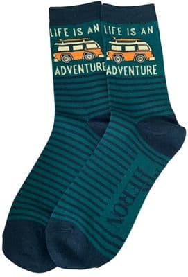 Camper Van Socks in Green with a Navy Blue Striped Pattern Men's Size 7 to 11