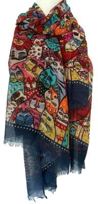 Cat Scarf in Navy blue with a Multi Coloured Cats Pattern in Red Yellow and Pink