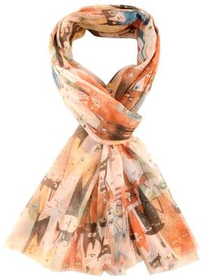 Cat Scarf in Orange with a Yellow and Blue Cats Pattern