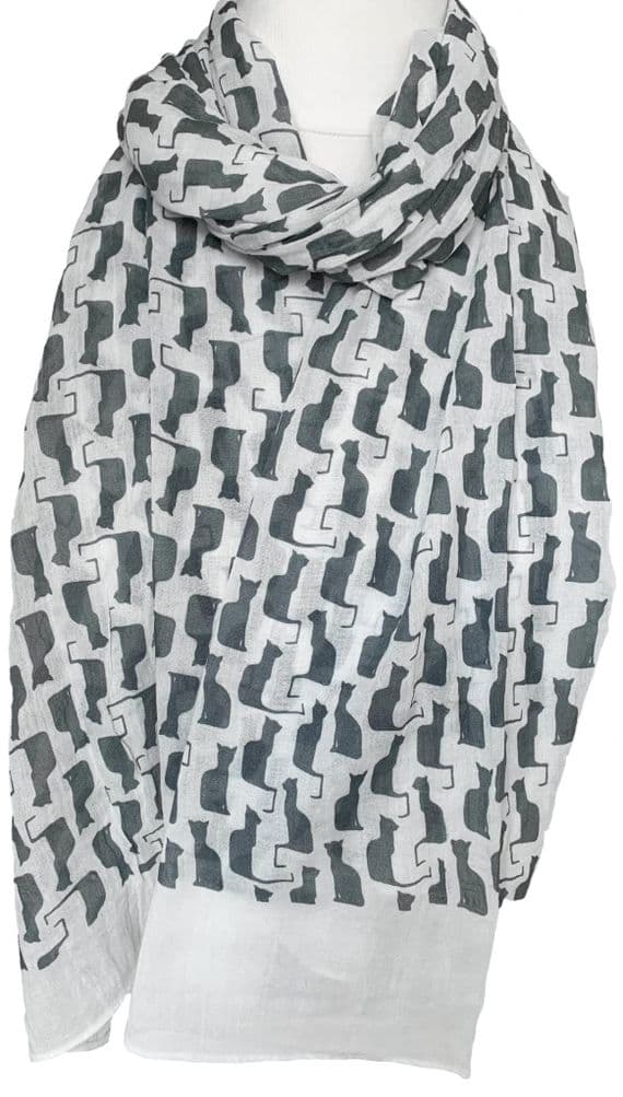 Cat Scarf with a Cats Pattern in Grey and White