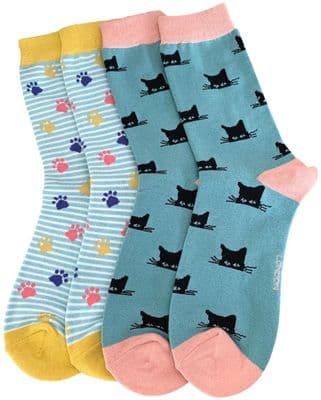 Cat Socks 2 Pair Multi Pack with Cats and a Paw Print Pattern in Blue