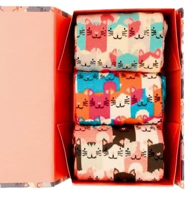 Cat Socks Gift Box 3 Pair Pack in Pink Grey and Blue Bamboo Cotton Blend Women's Size 3 to 7