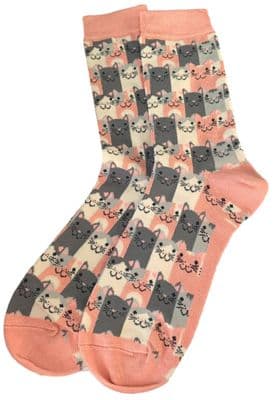 Cat Socks Ladies Grey Pink  Cats Print Fun Novelty Bamboo Cotton Kitty Socks
