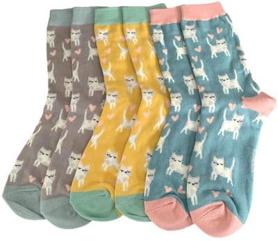 Cats Socks 3 Pair Pack in Blue Grey and Yellow Women's Size 3 - 7