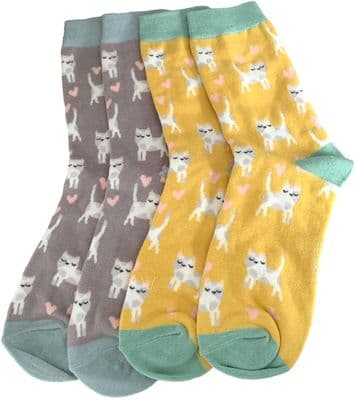 Cats Socks Cat Pattern 2 Pair Pack Grey Yellow Love Heart Cute Kitten Size 3 - 7