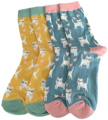 Cats Socks for Women 2 Pair Pack in Blue and Yellow
