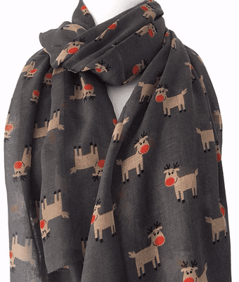 Christmas Scarf with a Rudolph Reindeer Pattern In Grey