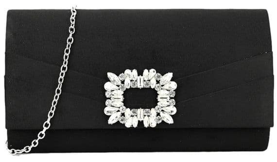 Clutch Bag in Black Faux Suede with Diamante Trim