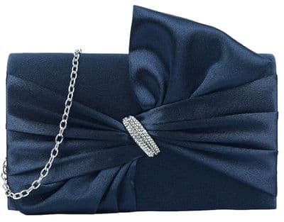 Clutch Bag Navy Blue Satin Evening Bag with Diamante Trim