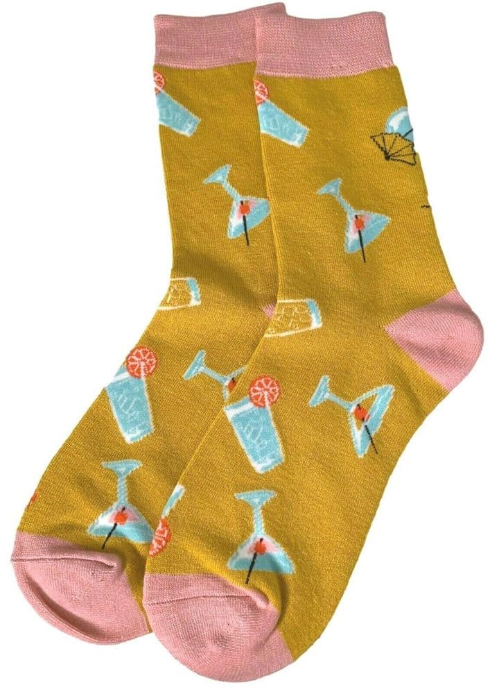 Cocktails Socks in Mustard Yellow Cocktail Drinks Pattern for Women