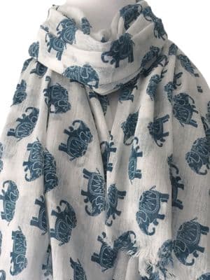 Cotton Scarf  with an Elephant Pattern in Blue