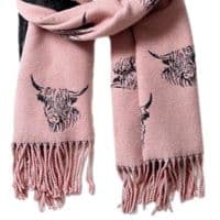 Cow Scarf Highland Cows Cattle Pattern in Pink Grey Reversible Cashmere Blend Winter Blanket Wrap