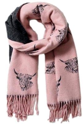 Cow Scarf Highland Cows Cattle Pattern in Pink Grey Reversible Cashmere Blend Winter Blanket Wrap