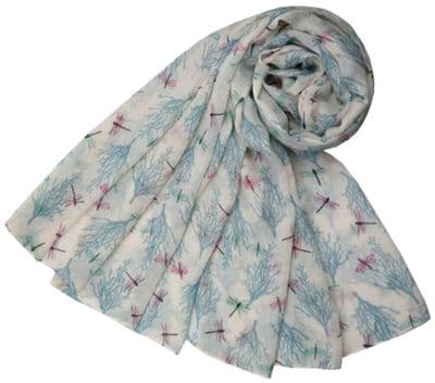 Cream Dragonfly Scarf Pink and Blue Dragonflies Pattern