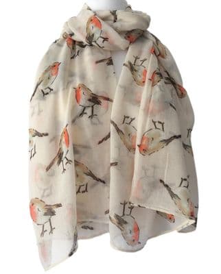 Cream Scarf with Red Robin Pattern
