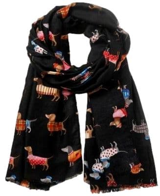 Dachshund Dog Scarf in Black with a Colourful Sausage Dog Pattern